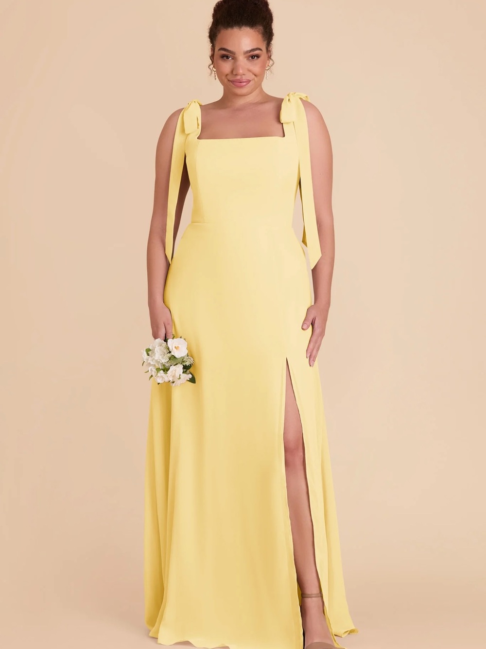 Birdy Grey Yellow Tie-Shoulder Square-Neck Maxi Dress with Slit, Matte Satin